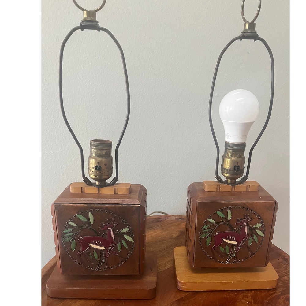 Albert Gilles Copper repousse Wood lamp MCM‎ 1950 Deer/Berries Work  No Shade